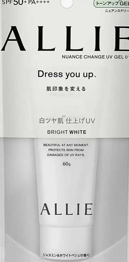 アリィー ニュアンスチェンジ UV ジェル WT 透明ツヤ肌仕上げ SPF50+ PA++++ 90g（チューブの正面）